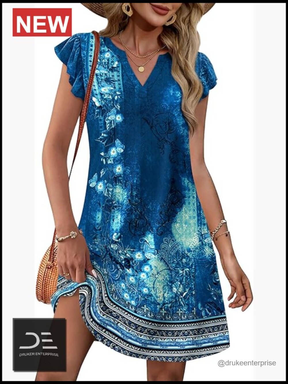 Casual Ruffle Sleeve V-Neck Swing Sundress with Pockets